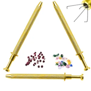 OdontoMed2011 Set of 3 Pieces 4 Prongs Jeweler's Pick Up Tool Gold Plated for Diamonds Gem Stones Beads Ball Grabber Piercing Small Parts Picker Stainless Steel