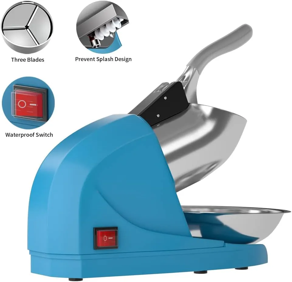 OKF Ice Shaver Prevent Splash Snow Cone Machine, Electric 3 Blades Shaved Ice Machine, 380W Ice Shaver Machine, 286lbs/hr Snow Cone Maker, Ice Crushers for Home Use and Commercial Ice Crusher (Blue)