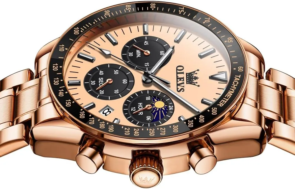 OLEVS Men Skeleton Watches Stainless Steel Analog Quartz Moon Phase Male Watch, Diamond Multi Calendar Chronograph Watch,Waterproof Wrist Watch for Men