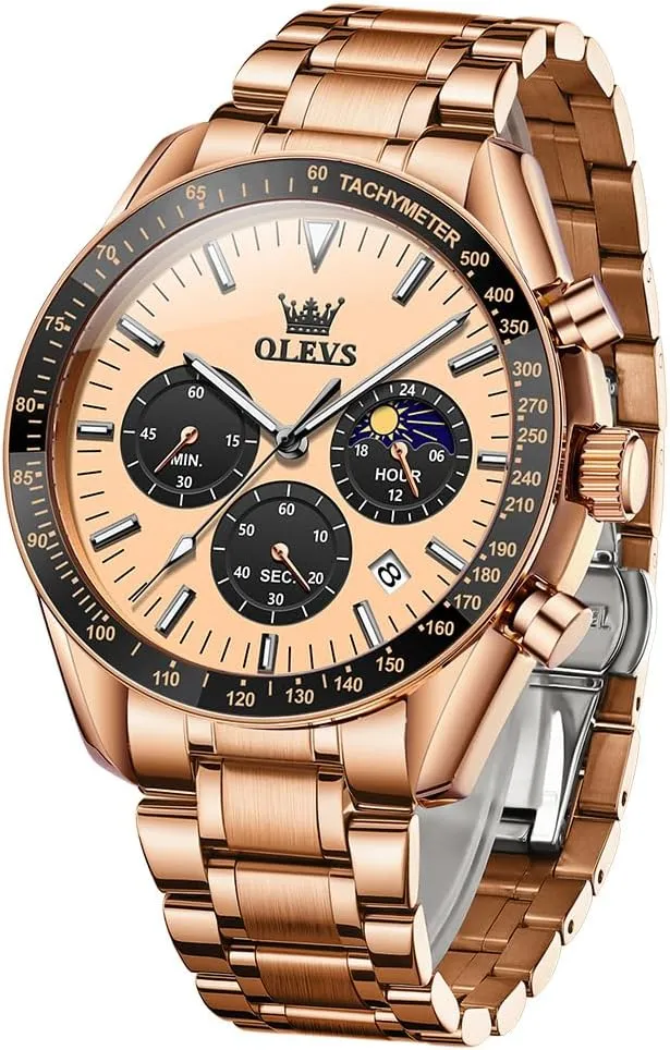 OLEVS Men Skeleton Watches Stainless Steel Analog Quartz Moon Phase Male Watch, Diamond Multi Calendar Chronograph Watch,Waterproof Wrist Watch for Men