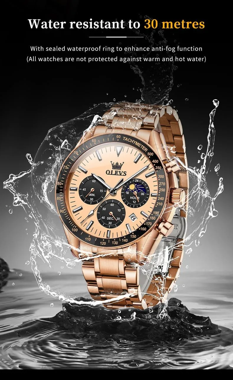 OLEVS Men Skeleton Watches Stainless Steel Analog Quartz Moon Phase Male Watch, Diamond Multi Calendar Chronograph Watch,Waterproof Wrist Watch for Men