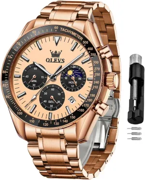 OLEVS Men Skeleton Watches Stainless Steel Analog Quartz Moon Phase Male Watch, Diamond Multi Calendar Chronograph Watch,Waterproof Wrist Watch for Men