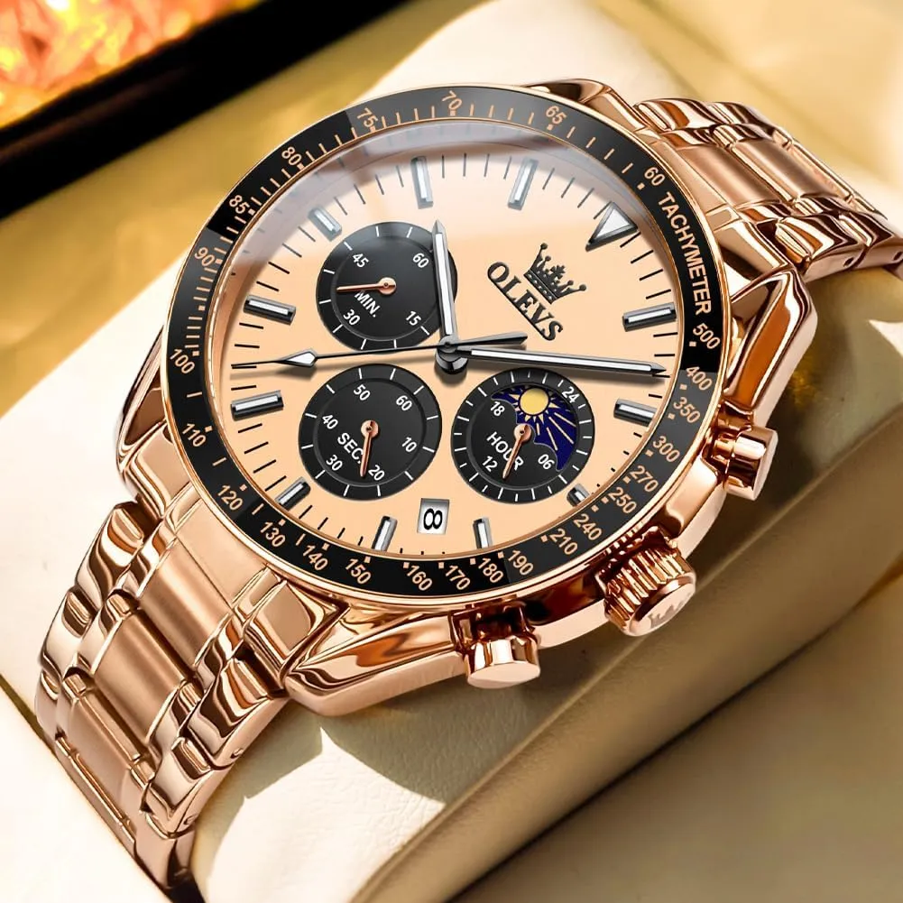 OLEVS Men Skeleton Watches Stainless Steel Analog Quartz Moon Phase Male Watch, Diamond Multi Calendar Chronograph Watch,Waterproof Wrist Watch for Men