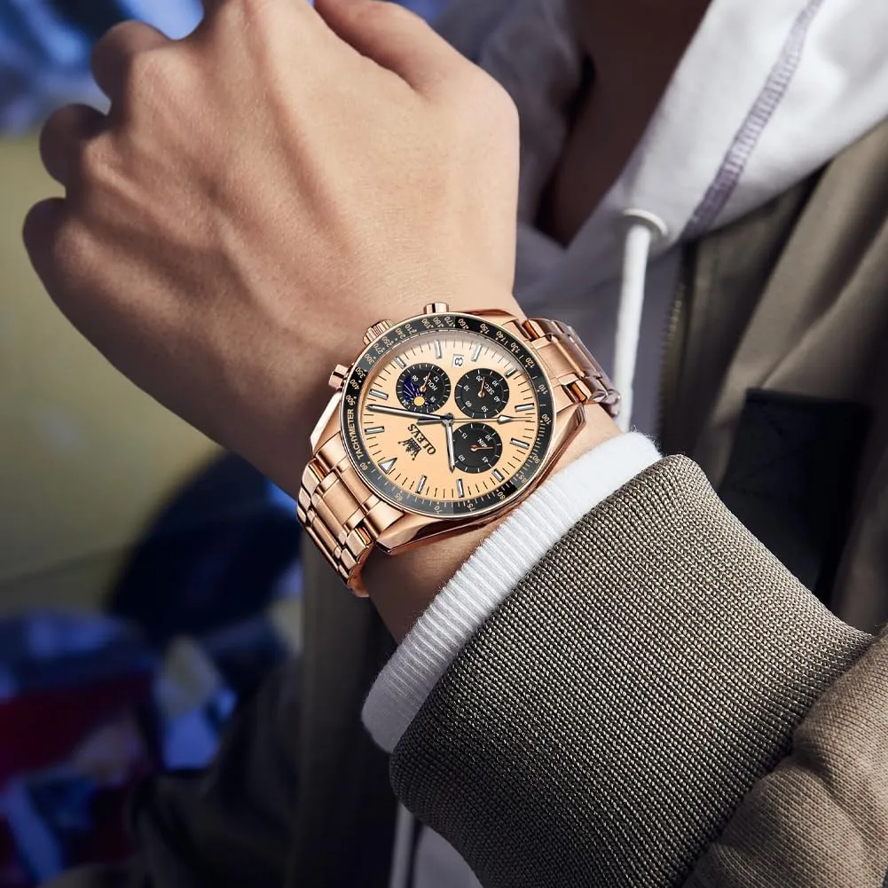 OLEVS Men Skeleton Watches Stainless Steel Analog Quartz Moon Phase Male Watch, Diamond Multi Calendar Chronograph Watch,Waterproof Wrist Watch for Men