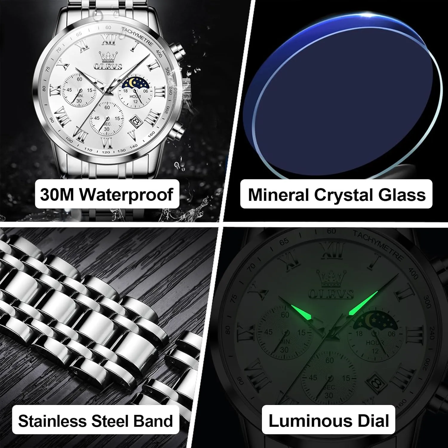 OLEVS Mens Stainless Steel Chronograph Watch, Big Face Roman Numerals Date Analog Quartz Dress Watches for Men, Fashion Multifunctional Waterproof Luminous Hands Men's Wristwatch