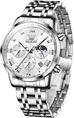 OLEVS Mens Stainless Steel Chronograph Watch, Big Face Roman Numerals Date Analog Quartz Dress Watches for Men, Fashion Multifunctional Waterproof Luminous Hands Men's Wristwatch