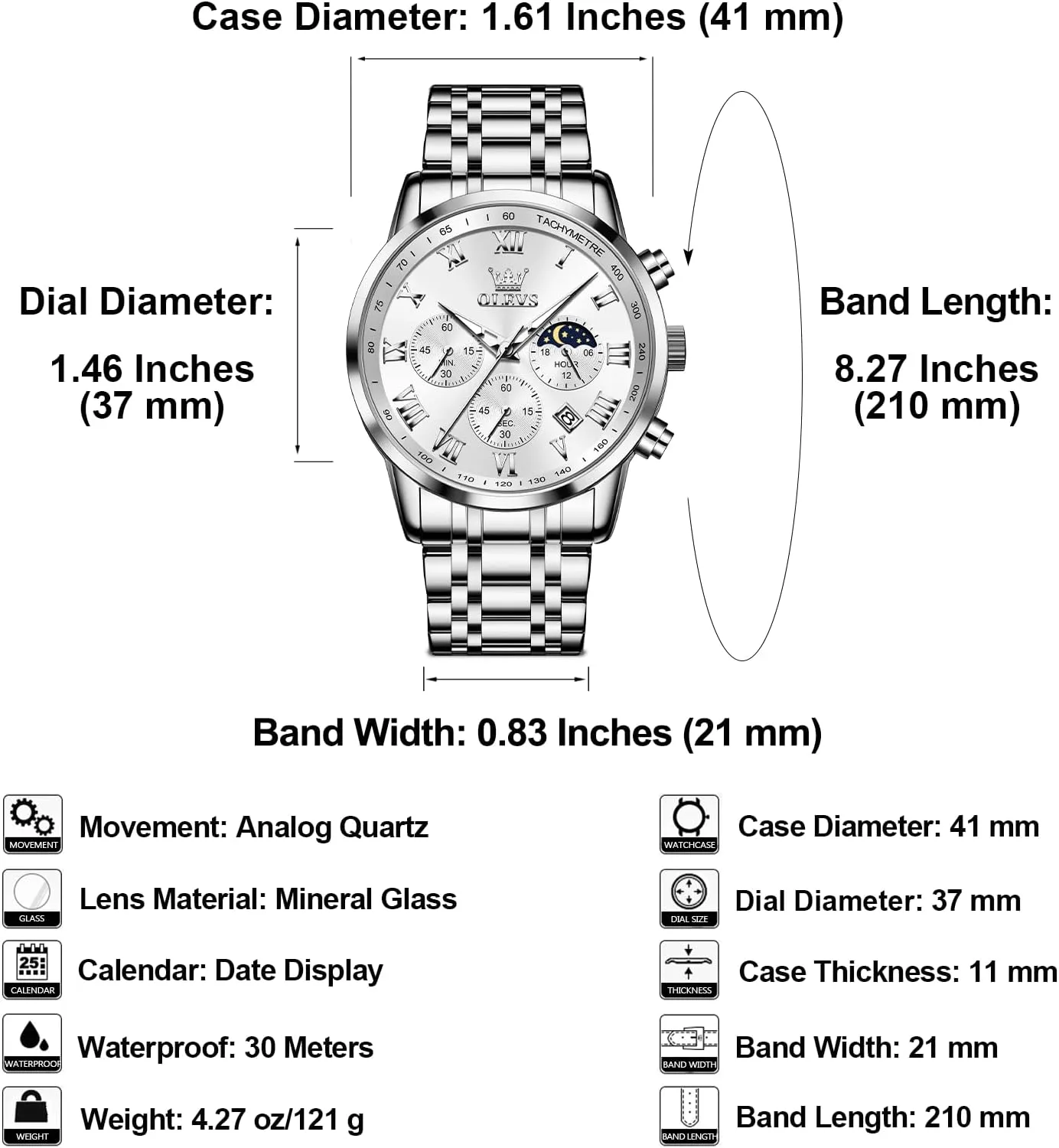 OLEVS Mens Stainless Steel Chronograph Watch, Big Face Roman Numerals Date Analog Quartz Dress Watches for Men, Fashion Multifunctional Waterproof Luminous Hands Men's Wristwatch