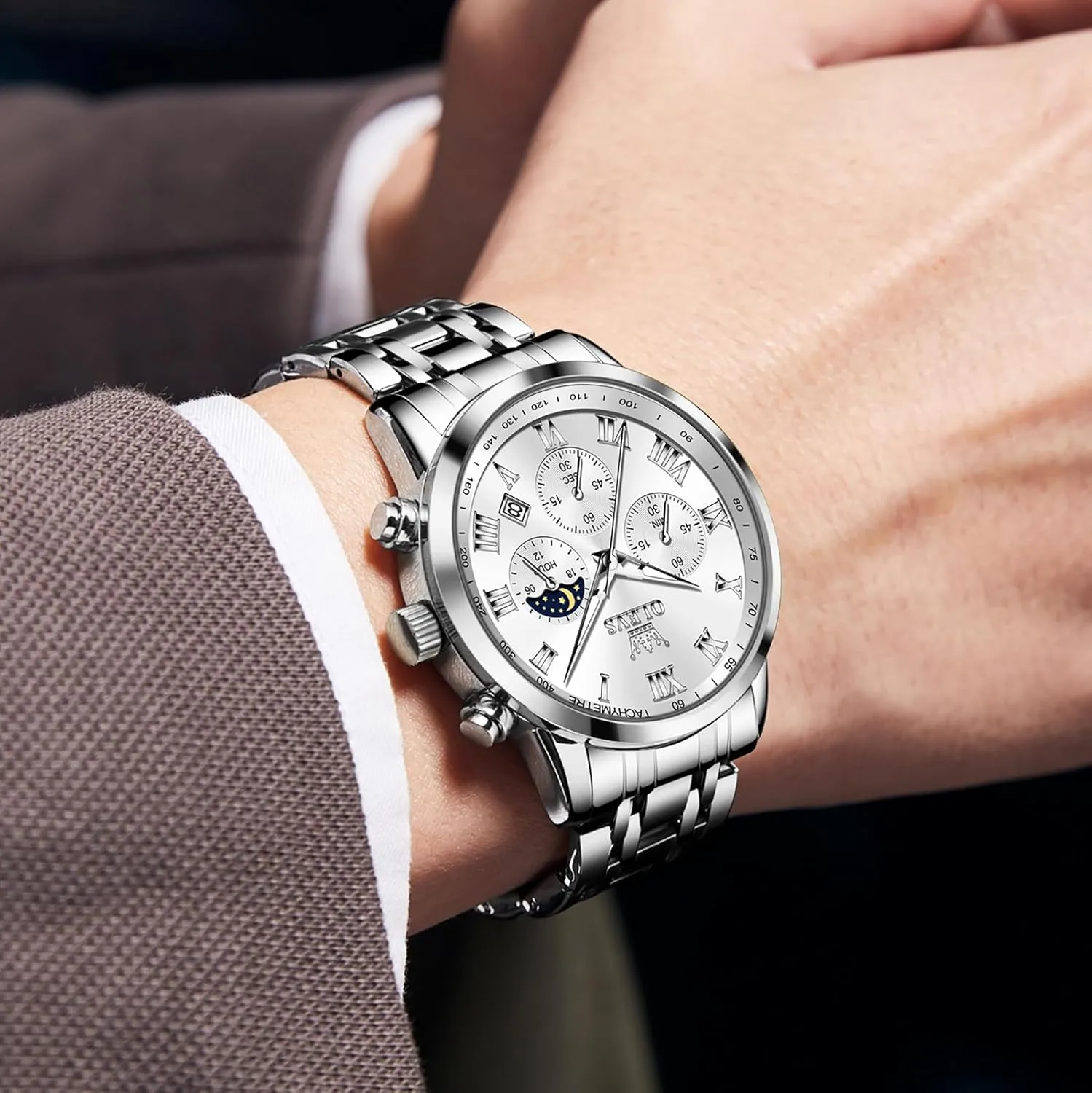 OLEVS Mens Stainless Steel Chronograph Watch, Big Face Roman Numerals Date Analog Quartz Dress Watches for Men, Fashion Multifunctional Waterproof Luminous Hands Men's Wristwatch