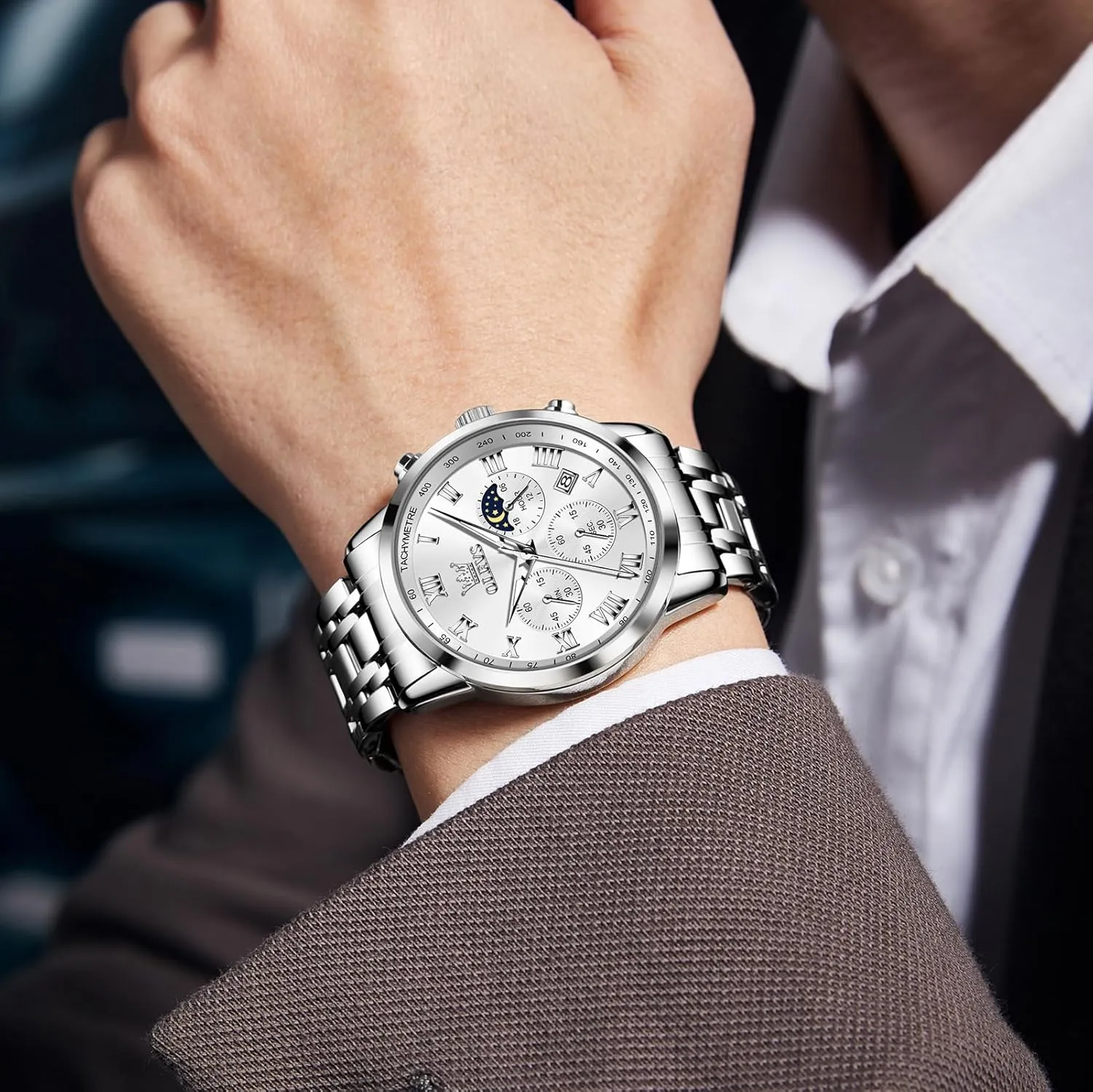 OLEVS Mens Stainless Steel Chronograph Watch, Big Face Roman Numerals Date Analog Quartz Dress Watches for Men, Fashion Multifunctional Waterproof Luminous Hands Men's Wristwatch