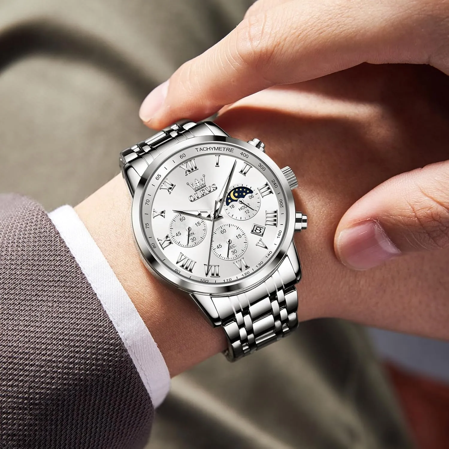 OLEVS Mens Stainless Steel Chronograph Watch, Big Face Roman Numerals Date Analog Quartz Dress Watches for Men, Fashion Multifunctional Waterproof Luminous Hands Men's Wristwatch