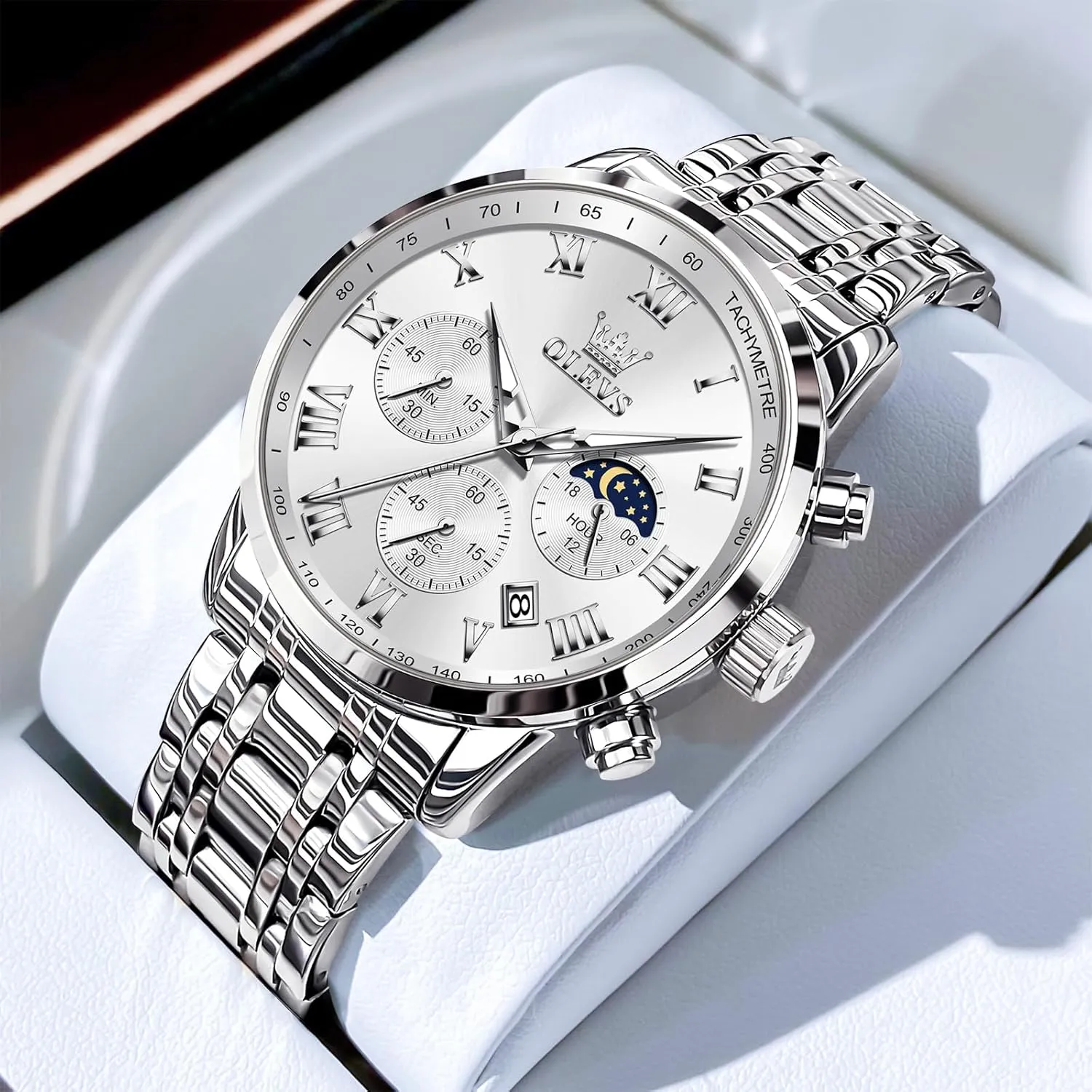 OLEVS Mens Stainless Steel Chronograph Watch, Big Face Roman Numerals Date Analog Quartz Dress Watches for Men, Fashion Multifunctional Waterproof Luminous Hands Men's Wristwatch