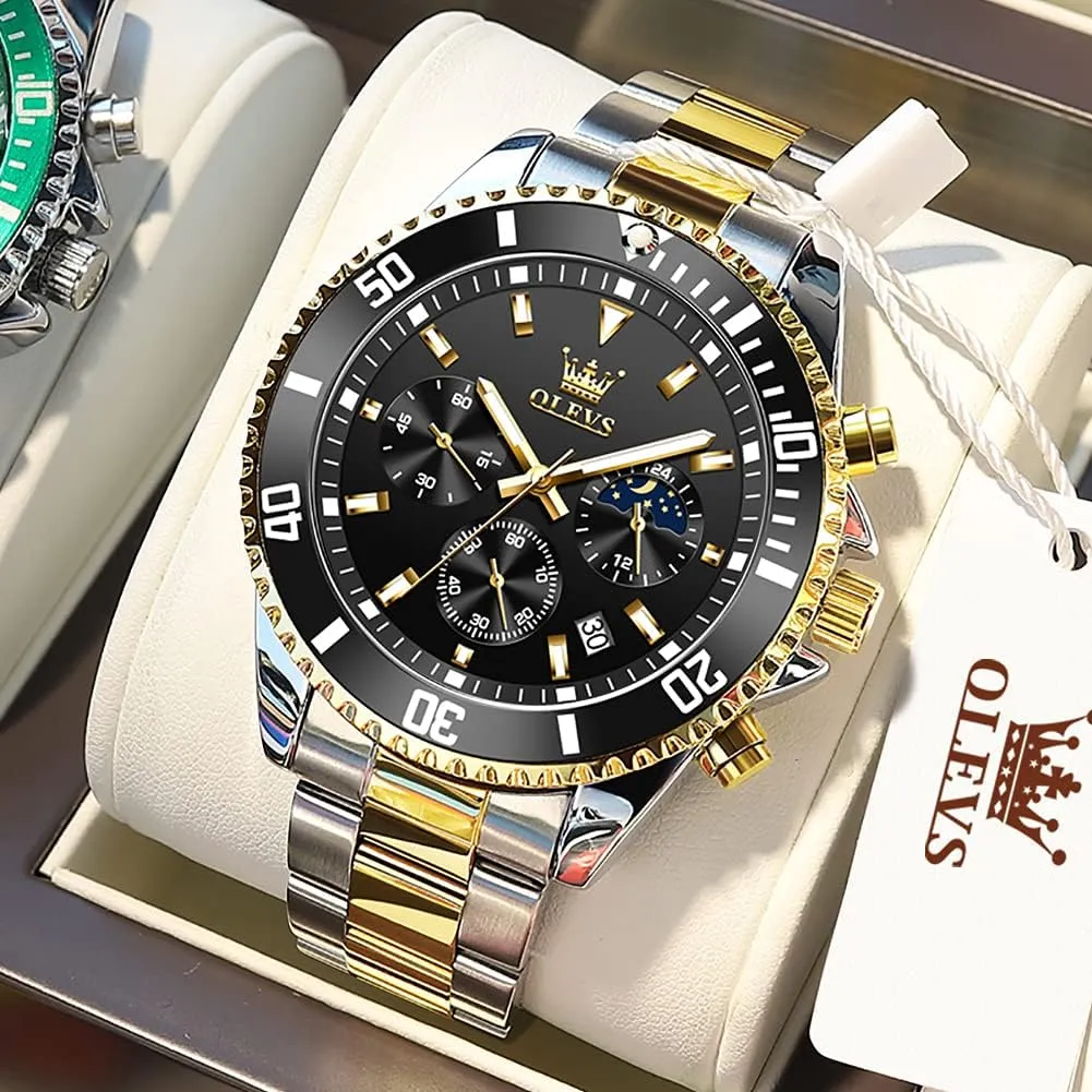 OLEVS Mens Watches Chronograph Luxury Dress Moon Phase Quartz Stainless Steel Waterproof Luminous Business Calendar Wrist Watch