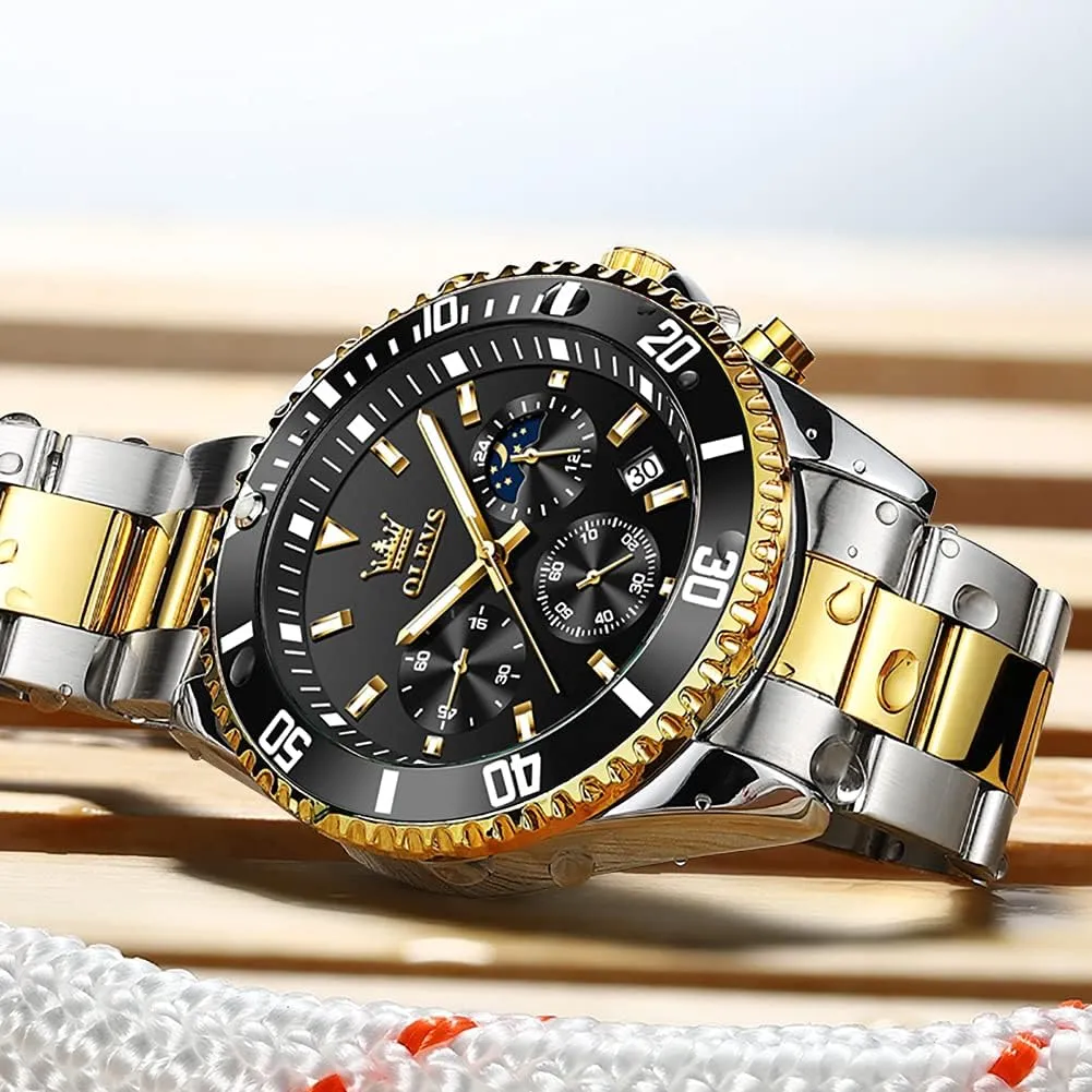 OLEVS Mens Watches Chronograph Luxury Dress Moon Phase Quartz Stainless Steel Waterproof Luminous Business Calendar Wrist Watch