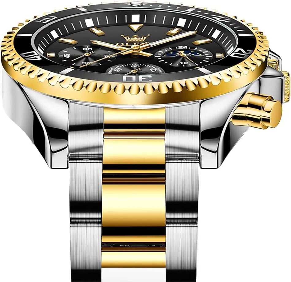 OLEVS Mens Watches Chronograph Luxury Dress Moon Phase Quartz Stainless Steel Waterproof Luminous Business Calendar Wrist Watch