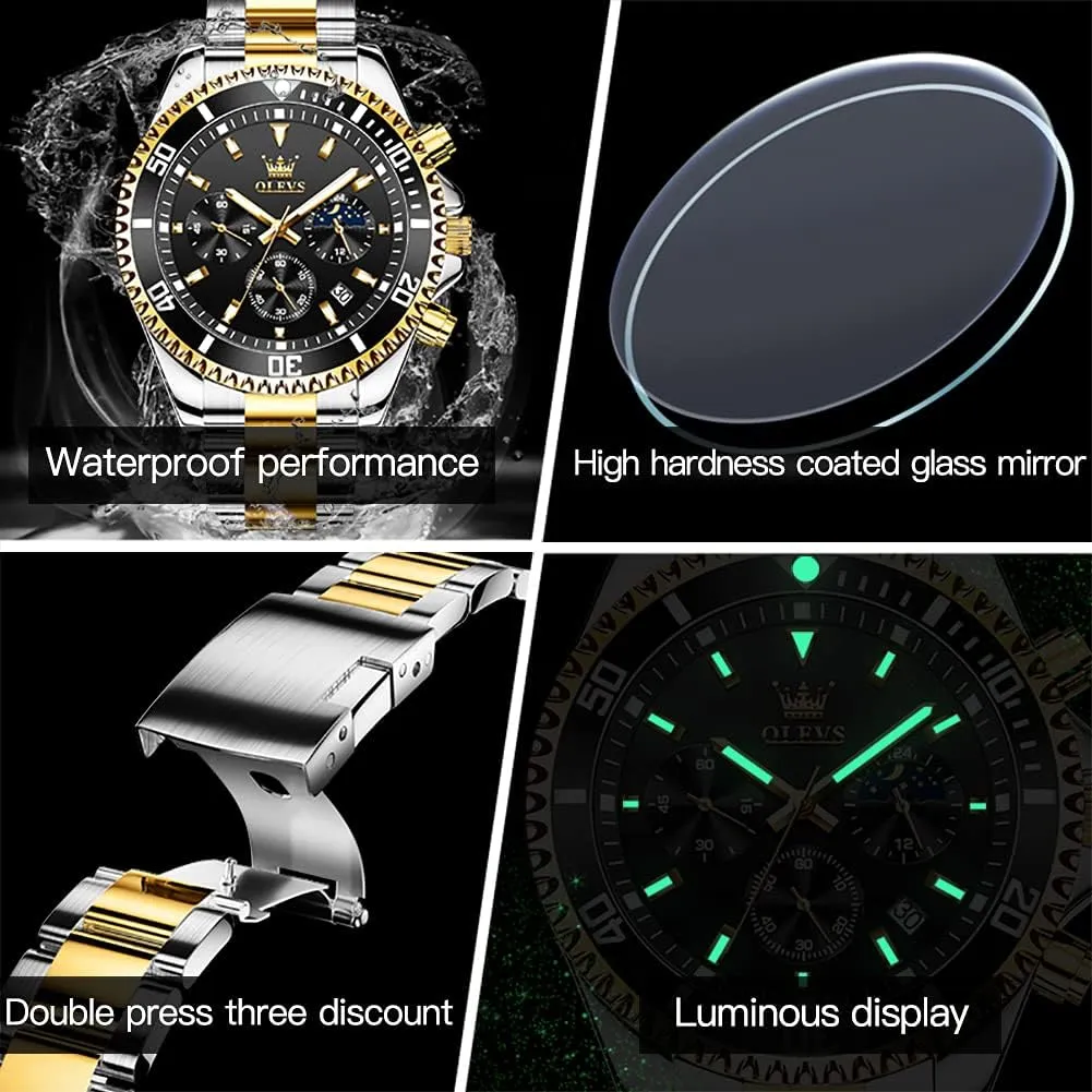 OLEVS Mens Watches Chronograph Luxury Dress Moon Phase Quartz Stainless Steel Waterproof Luminous Business Calendar Wrist Watch