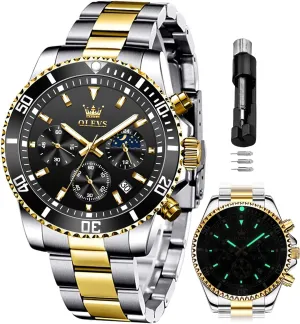 OLEVS Mens Watches Chronograph Luxury Dress Moon Phase Quartz Stainless Steel Waterproof Luminous Business Calendar Wrist Watch