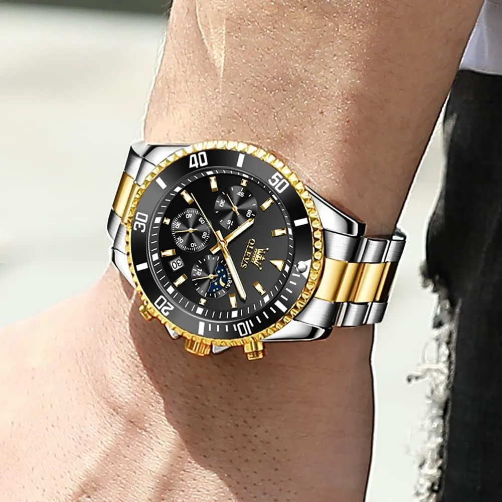 OLEVS Mens Watches Chronograph Luxury Dress Moon Phase Quartz Stainless Steel Waterproof Luminous Business Calendar Wrist Watch