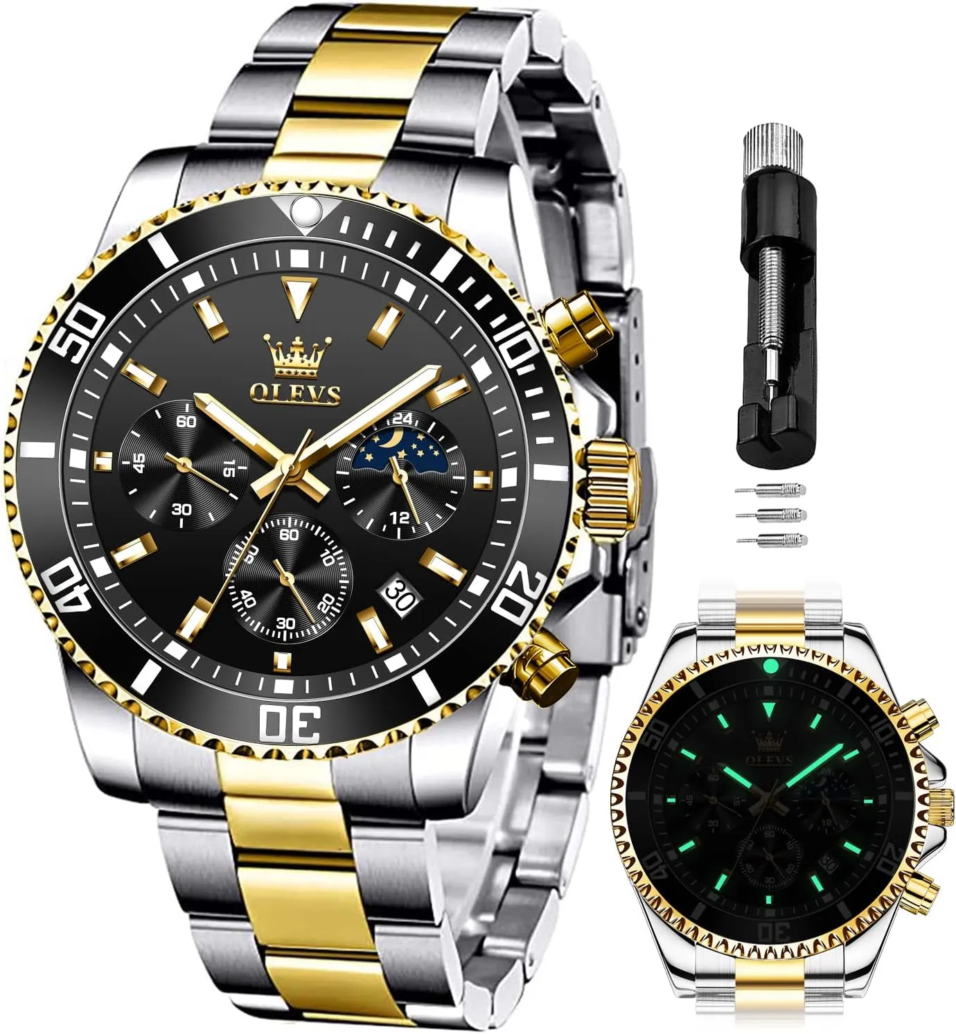 OLEVS Mens Watches Chronograph Luxury Dress Moon Phase Quartz Stainless Steel Waterproof Luminous Business Calendar Wrist Watch