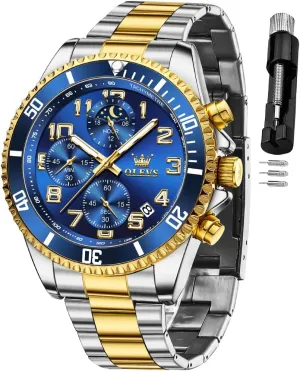 OLEVS Mens Watches Chronograph Luxury Dress Moon Phase Two Tone Stainless Steel Waterproof Luminous Business Calendar Wrist Watch