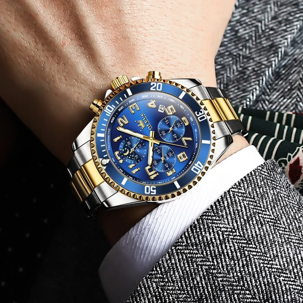 OLEVS Mens Watches Chronograph Luxury Dress Moon Phase Two Tone Stainless Steel Waterproof Luminous Business Calendar Wrist Watch