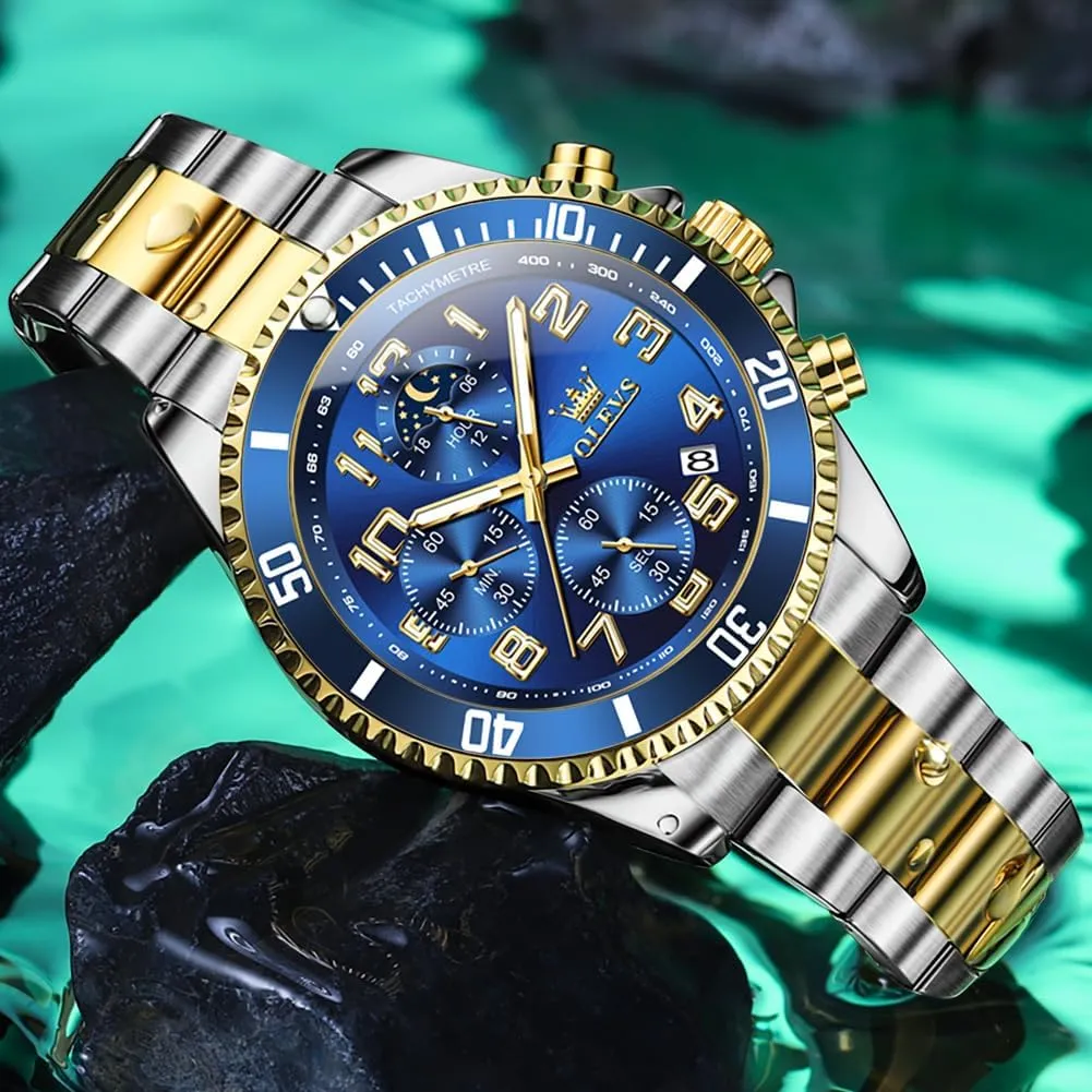 OLEVS Mens Watches Chronograph Luxury Dress Moon Phase Two Tone Stainless Steel Waterproof Luminous Business Calendar Wrist Watch