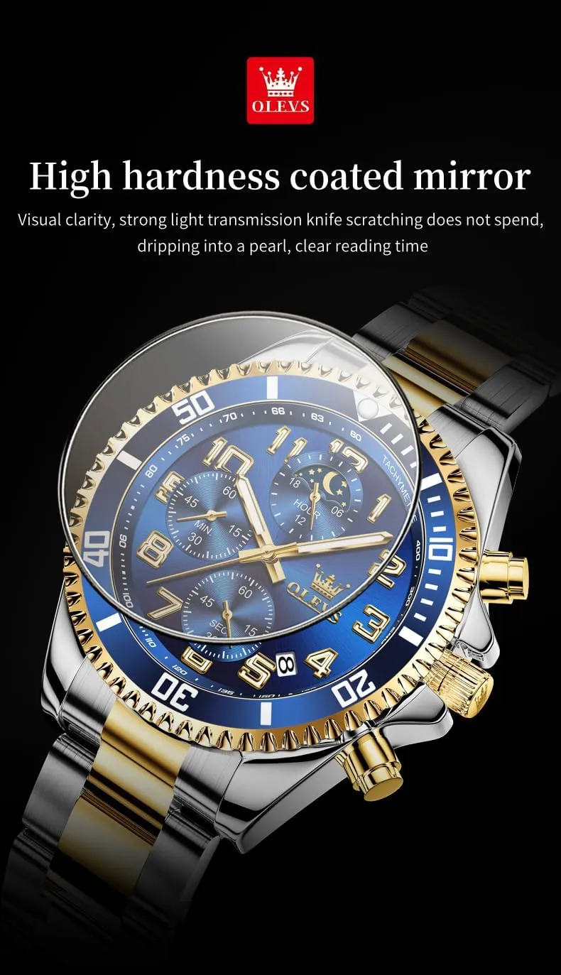 OLEVS Mens Watches Chronograph Luxury Dress Moon Phase Two Tone Stainless Steel Waterproof Luminous Business Calendar Wrist Watch