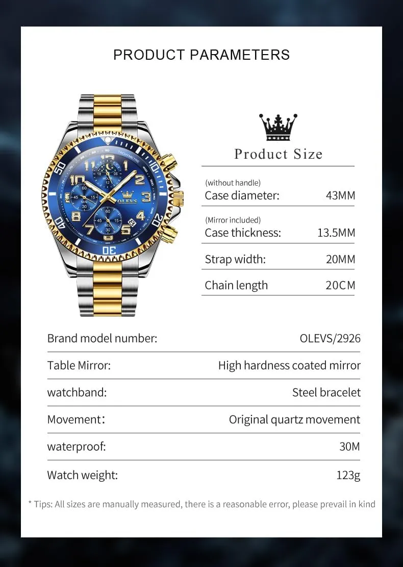 OLEVS Mens Watches Chronograph Luxury Dress Moon Phase Two Tone Stainless Steel Waterproof Luminous Business Calendar Wrist Watch