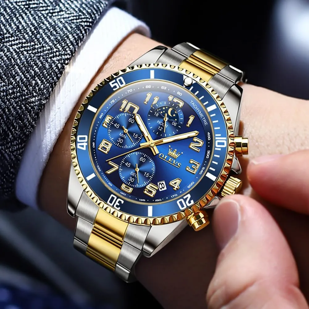 OLEVS Mens Watches Chronograph Luxury Dress Moon Phase Two Tone Stainless Steel Waterproof Luminous Business Calendar Wrist Watch