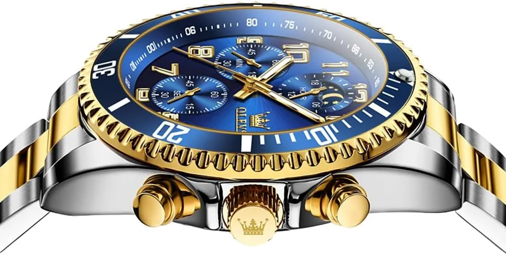 OLEVS Mens Watches Chronograph Luxury Dress Moon Phase Two Tone Stainless Steel Waterproof Luminous Business Calendar Wrist Watch