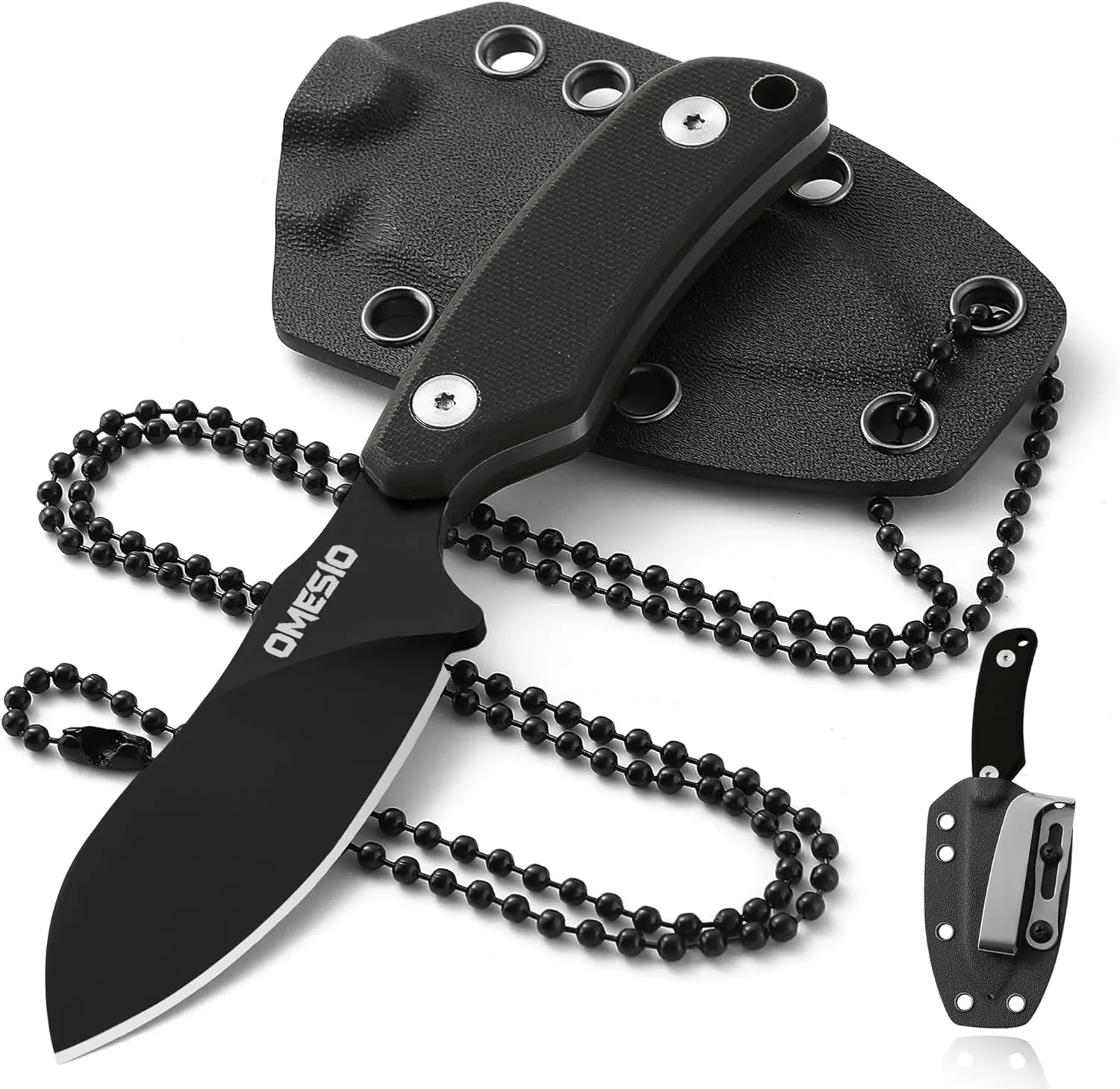 Omesio Neck Knife, 5.82" Small Fixed Blade Tactical Knife, Compact Full Tang EDC Neck Knife with Sheath and Clip, Nessmuk D2 Steel G10 Handle Mini Knife Necklace for Outdoor, Hiking, Camping