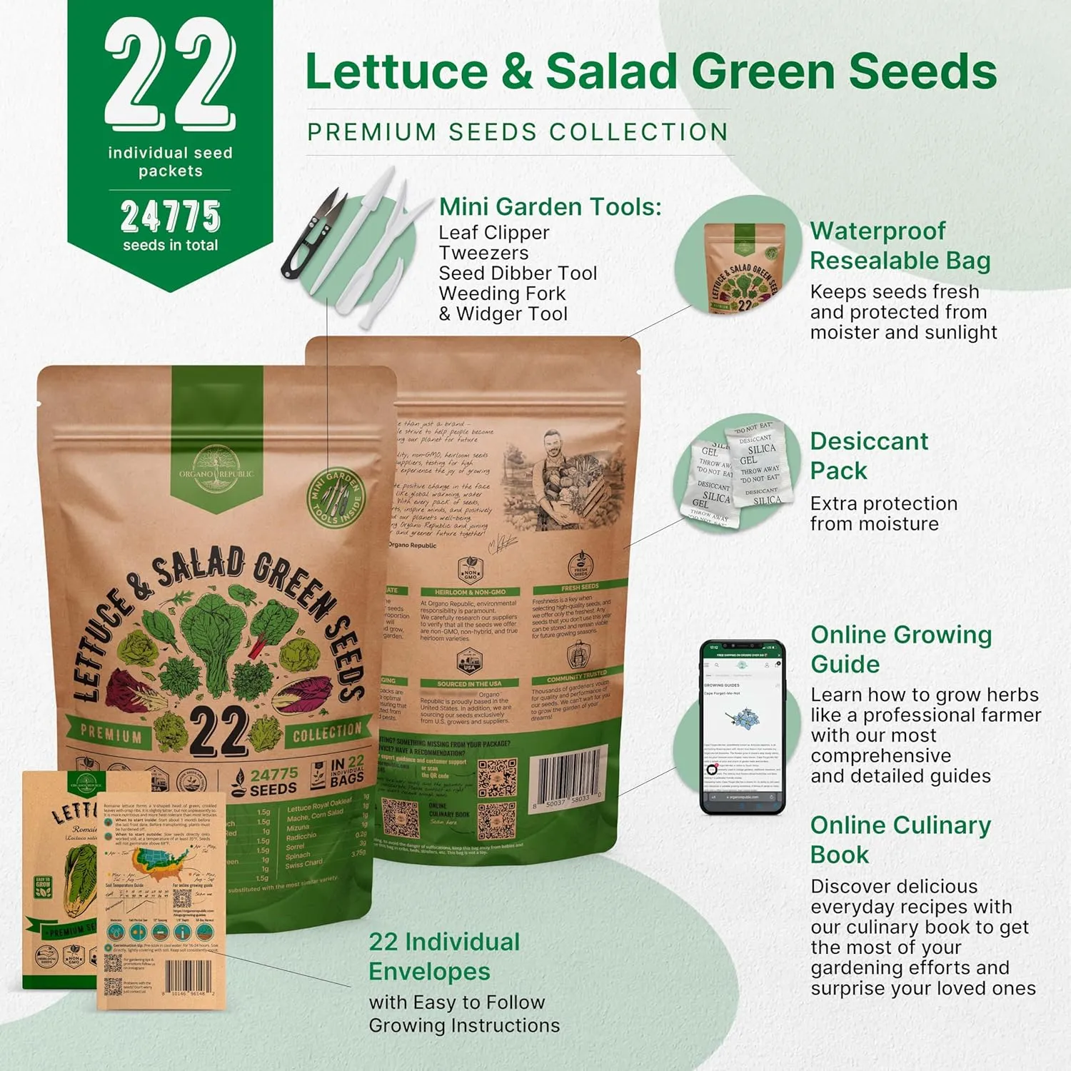 Organo Republic 22 Lettuce & Salad Greens Seeds Variety Pack 24,700  Non-GMO Heirloom Lettuce Seeds for Indoor & Outdoor Garden, Hydroponics, Aerogarden - Arugula, Kale, Spinach, Swiss Chard, Lettuce