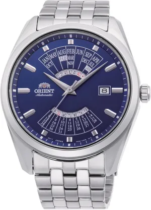 Orient Contemporary Multi Year Calendar Male Automatic Hand Winding Wristwatch - Mechanical Casual Stainless Steel Band and case Grey Analog Blue Dial - RA-BA0003L10B, Silver/Blue, Bracelet