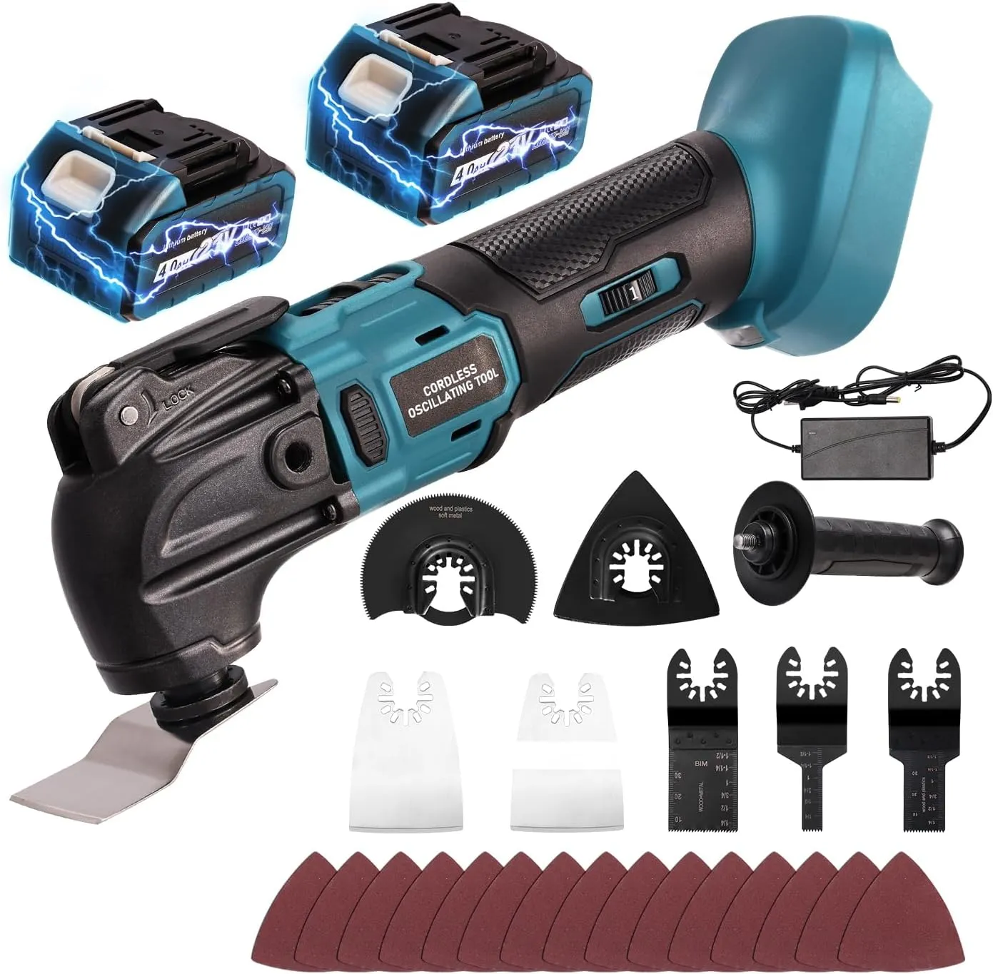 Oscillating Tool, Cordless Oscillating Multi Tool for 2 PCS 21V 4.0Ah Batteries, Brushless 26 PCS Kit with Auxiliary Handle for Cutting, Scraping, Sanding, 6 Variable Speed, 8500-22000 RPM