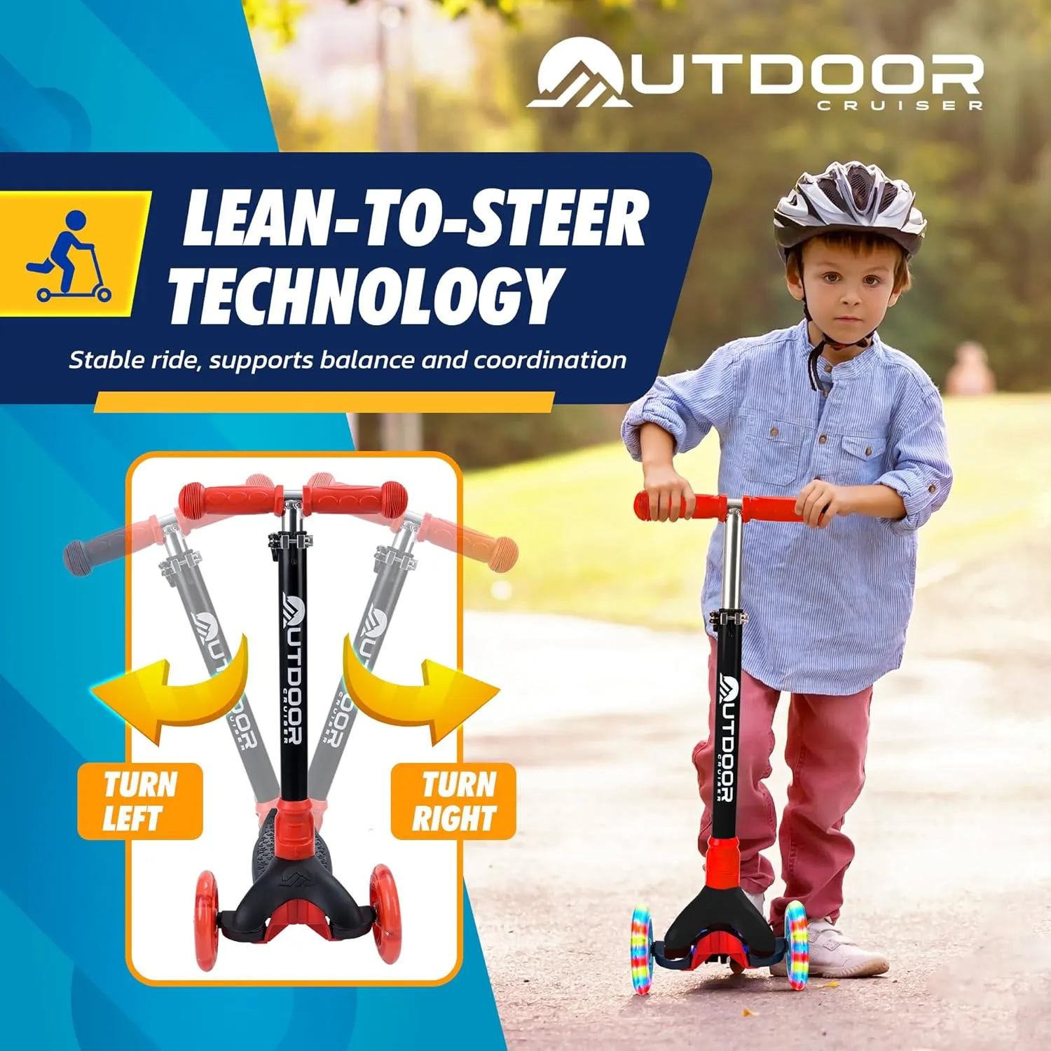 Outdoor Cruiser 3-Wheel Kids Scooter – with Lean-to-Steer Technology, Led Lighted Wheel, 4-Level Adjustable Height T-bar Handle, Support Kids Up to 150 Lbs, for Boys & Girls Ages 3-8, Black and Red