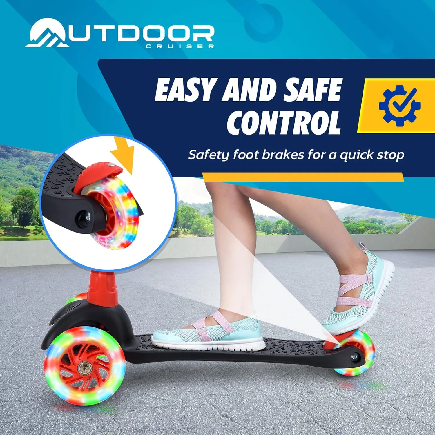 Outdoor Cruiser 3-Wheel Kids Scooter – with Lean-to-Steer Technology, Led Lighted Wheel, 4-Level Adjustable Height T-bar Handle, Support Kids Up to 150 Lbs, for Boys & Girls Ages 3-8, Black and Red