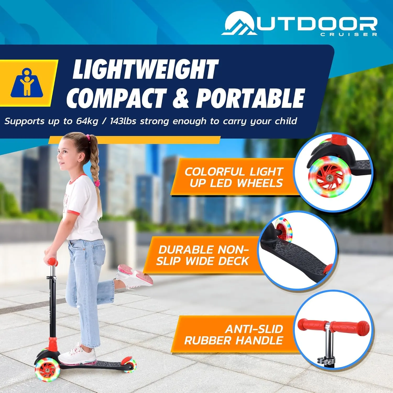 Outdoor Cruiser 3-Wheel Kids Scooter – with Lean-to-Steer Technology, Led Lighted Wheel, 4-Level Adjustable Height T-bar Handle, Support Kids Up to 150 Lbs, for Boys & Girls Ages 3-8, Black and Red