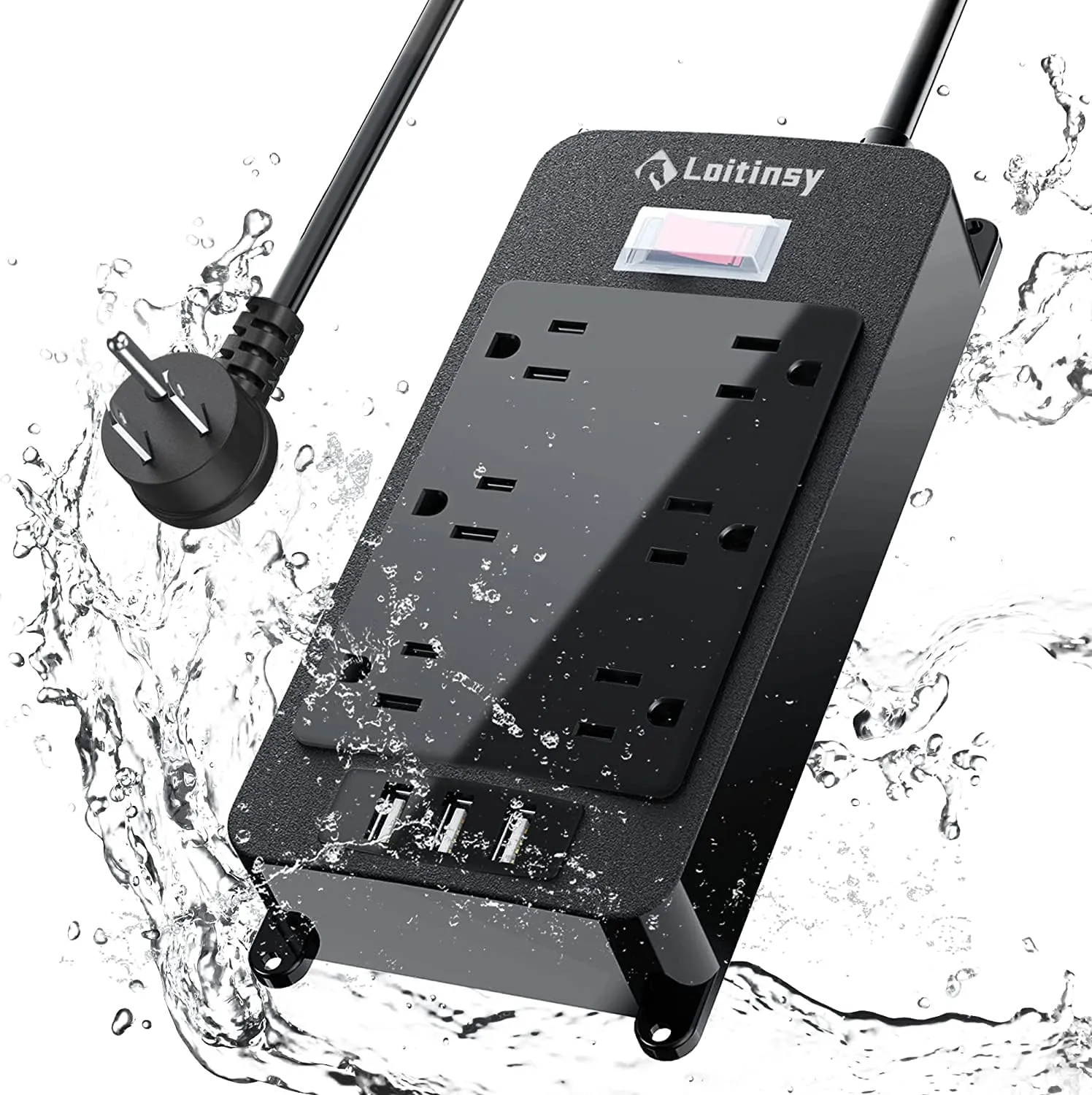 Outdoor Power Strip Weatherproof, 6 Outlets Waterproof Surge Protector with 3 USB Ports, 6 FT Extension Cord, Shockproof Overload Protection, Wall Mountable for Home Office Patio Porch (Black)