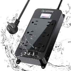 Outdoor Power Strip Weatherproof, 6 Outlets Waterproof Surge Protector with 3 USB Ports, 6 FT Extension Cord, Shockproof Overload Protection, Wall Mountable for Home Office Patio Porch (Black)