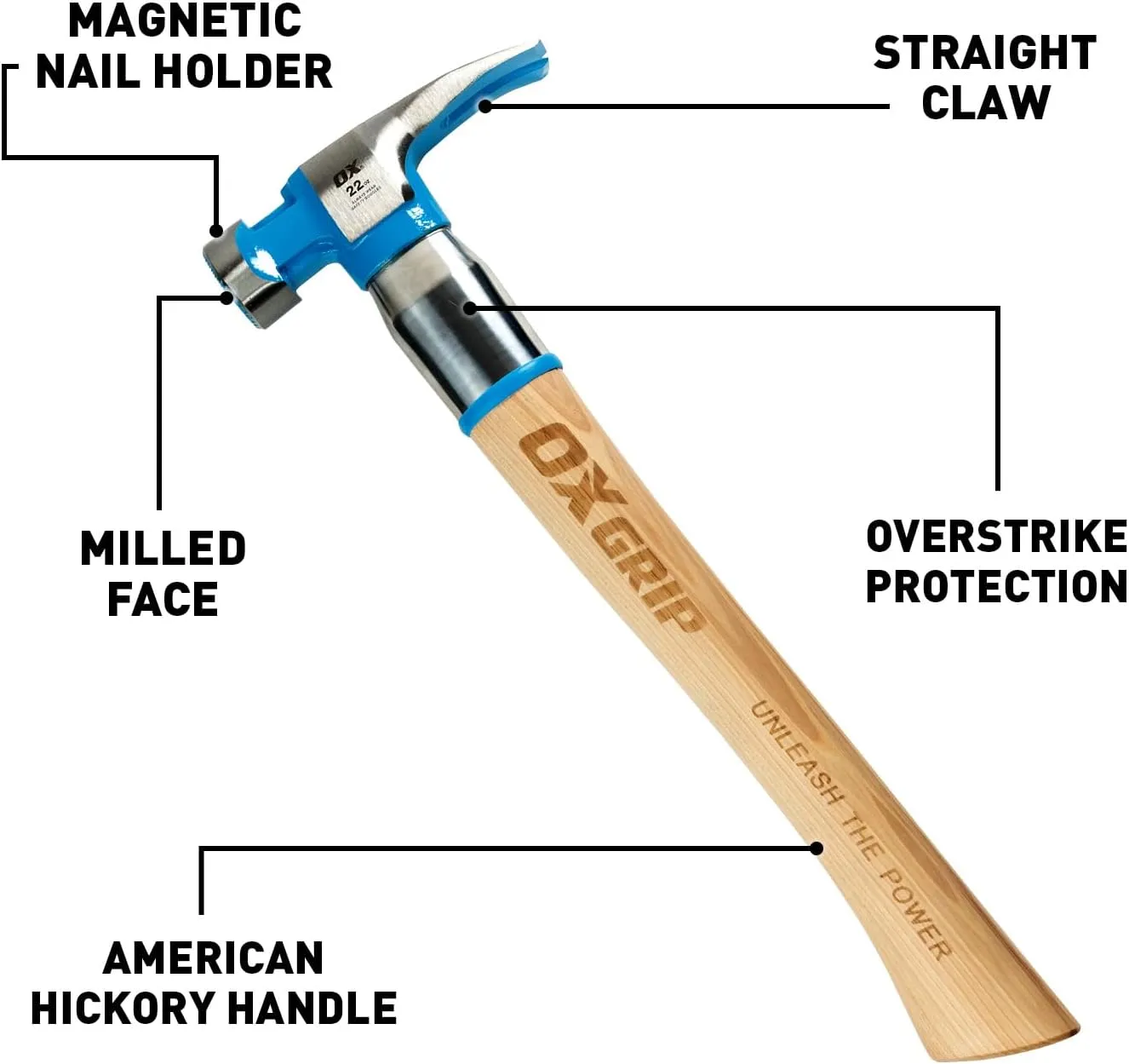 OX Tools Pro Hickory Hammer, Steel Reinforced, Claw, Framing, 22 Oz, Hickory Handle with Milled Face (OX-P083522)