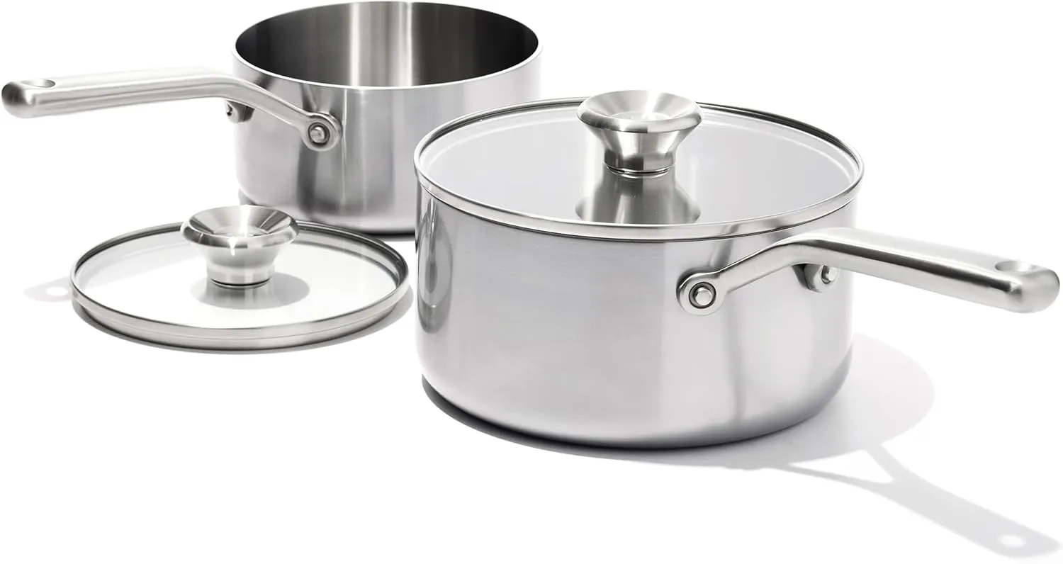 OXO Mira Tri-Ply Stainless Steel, 1.5QT and 3QT Saucepan Pot Set with Lids, Induction, Multi Clad, Dishwasher and Metal Utensil Safe