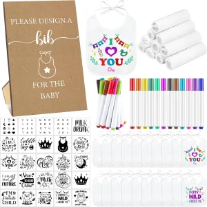 Panitay 100 Pcs DIY Baby Bibs Decorating Kit 50 White Bibs 25 Stencils 24 Fabric Markers 1 Baby Shower Game Sign