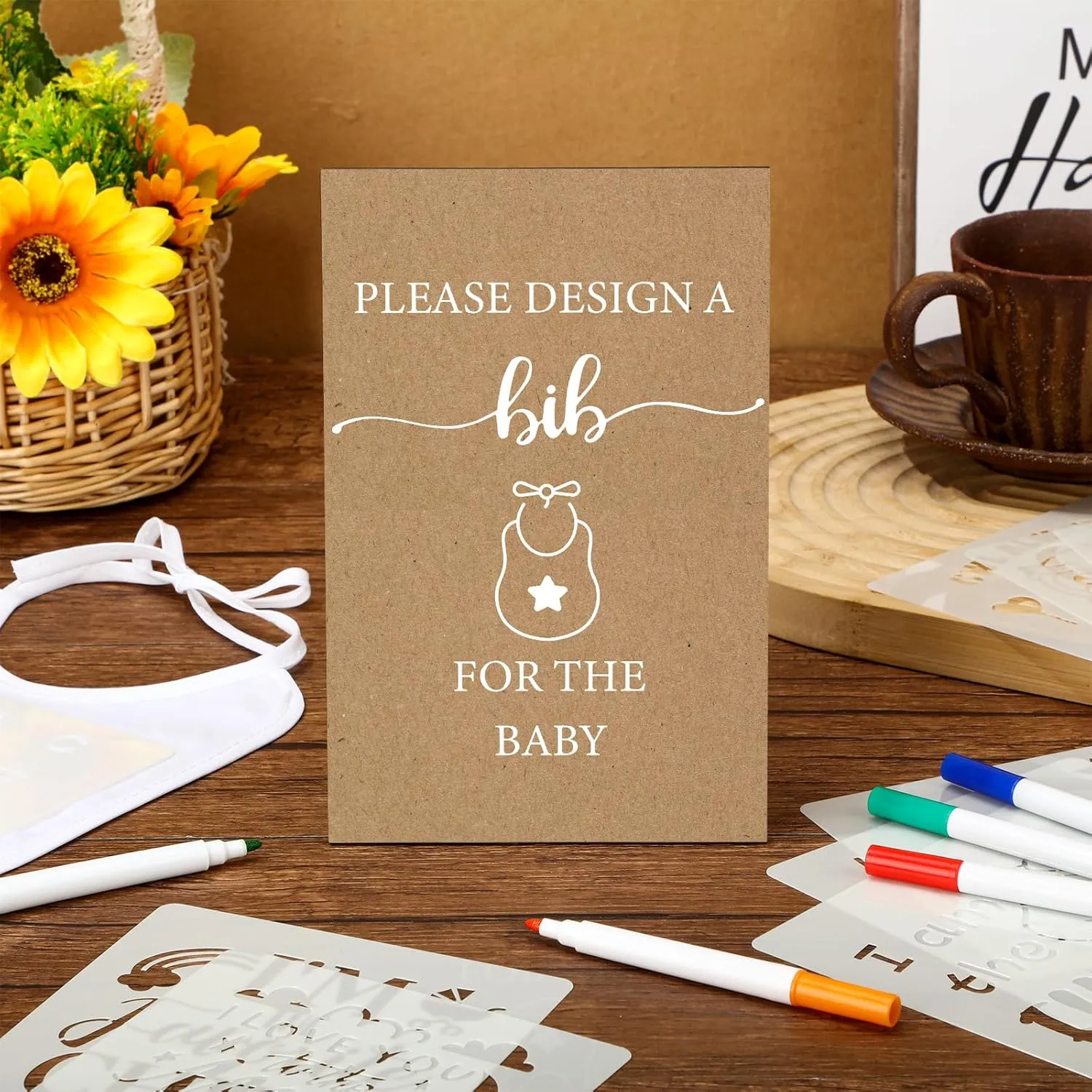 Panitay 100 Pcs DIY Baby Bibs Decorating Kit 50 White Bibs 25 Stencils 24 Fabric Markers 1 Baby Shower Game Sign