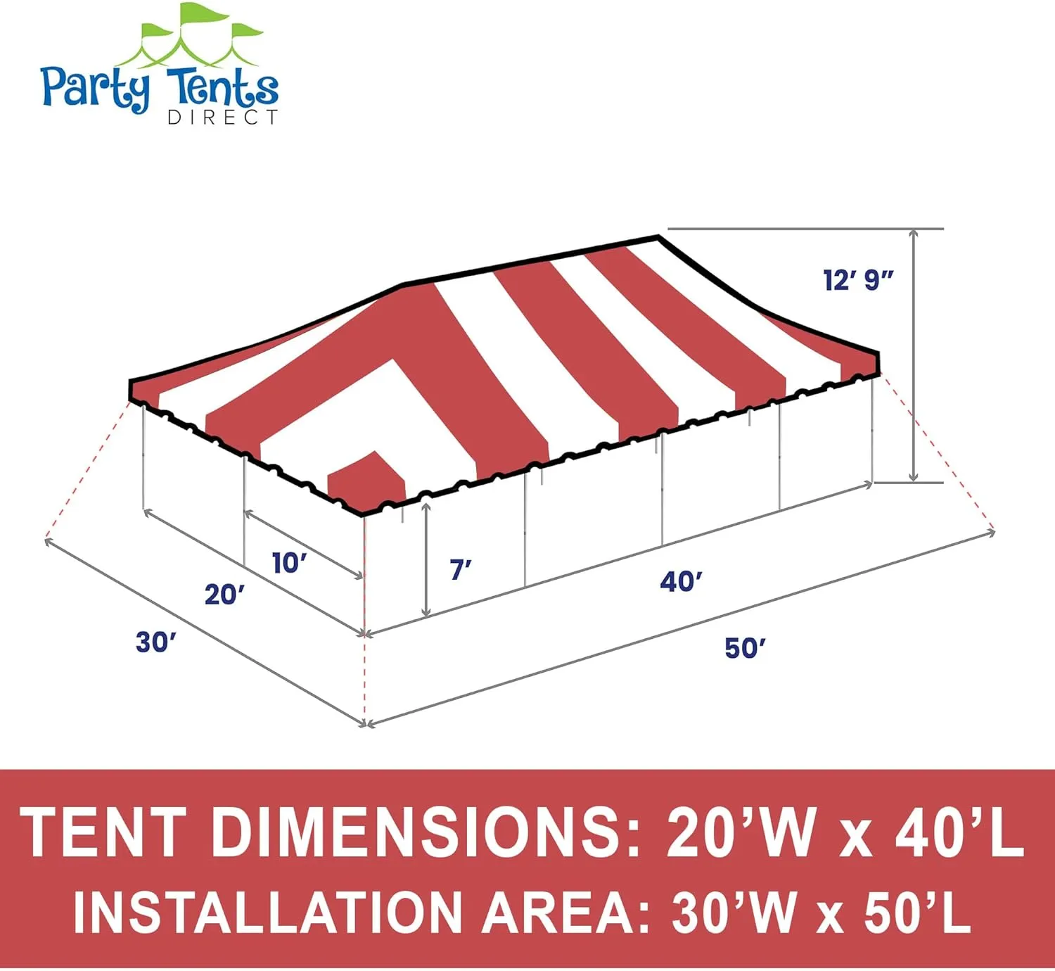 Party Tents Direct 20'x40' Weekender Canopy Pole Tent - Easy Up Canopy Tent with 160 Person Capacity - Outdoor Canopies for Parties, Weddings, & Events (Red/White Top)