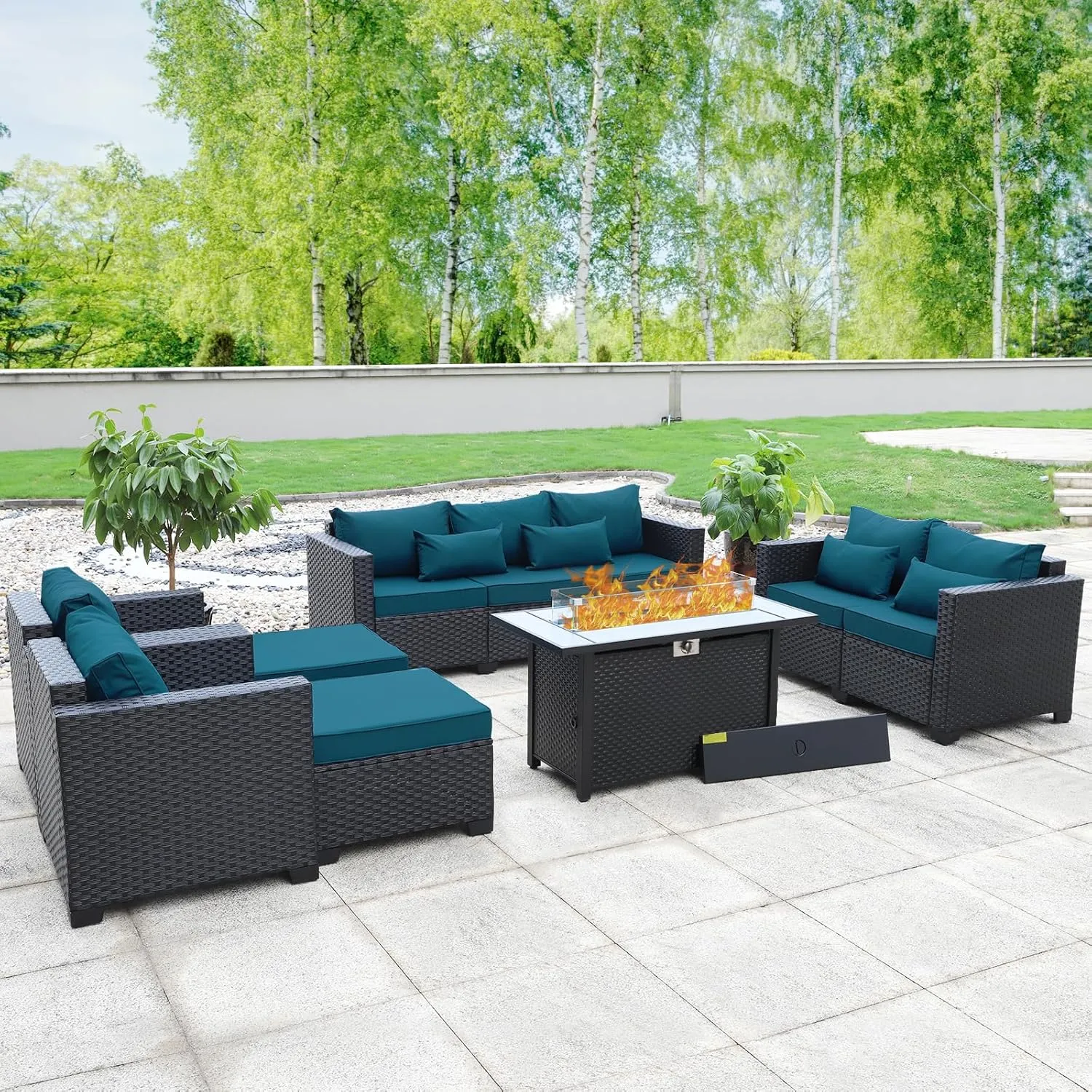 Patio Furniture Set 45-Inch Outdoor Fire Pits 7 PCS Outdoor Furniture Sets Patio Couch Outdoor Chairs 60000BTU Outdoor Propane Fire Pit Table No-Slip Cushions and Waterproof Covers, Peacock Blue