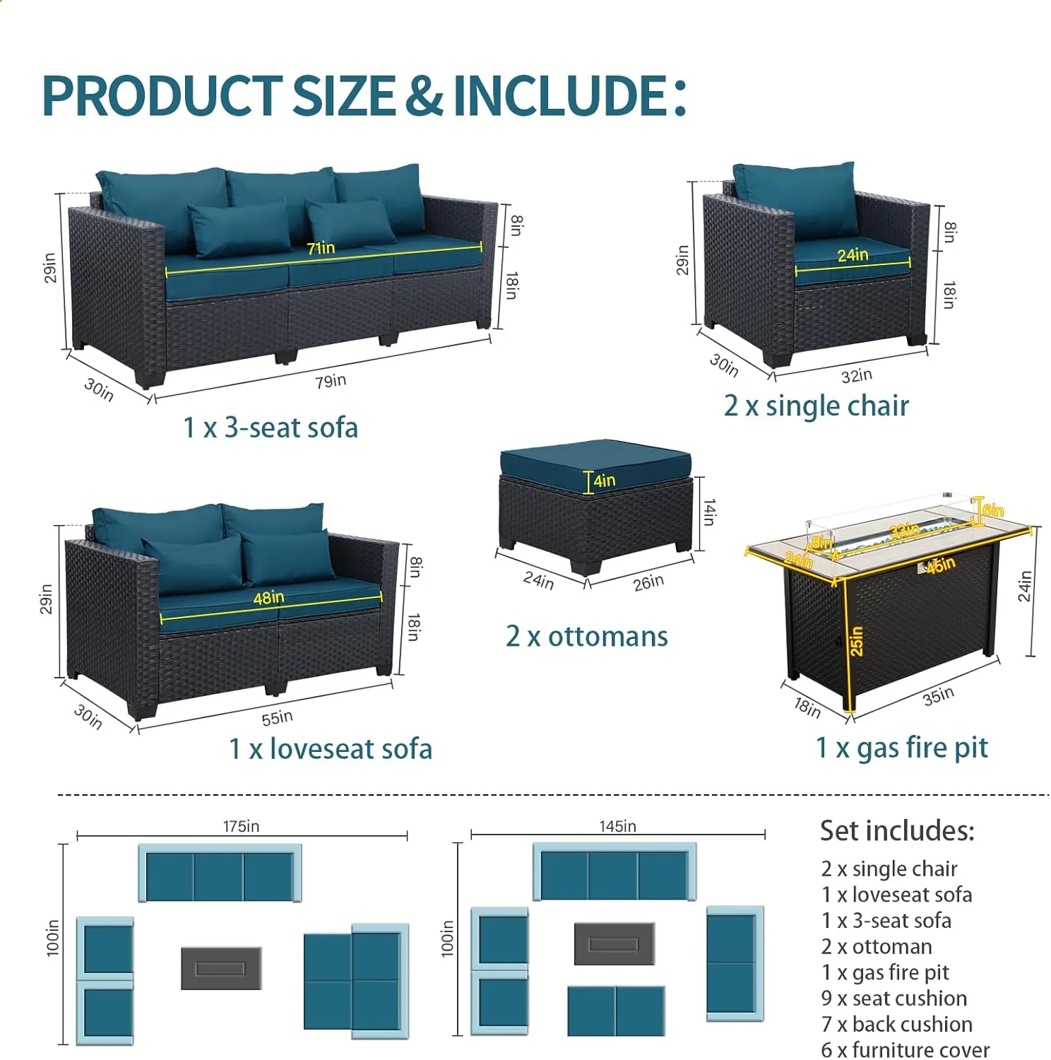 Patio Furniture Set 45-Inch Outdoor Fire Pits 7 PCS Outdoor Furniture Sets Patio Couch Outdoor Chairs 60000BTU Outdoor Propane Fire Pit Table No-Slip Cushions and Waterproof Covers, Peacock Blue