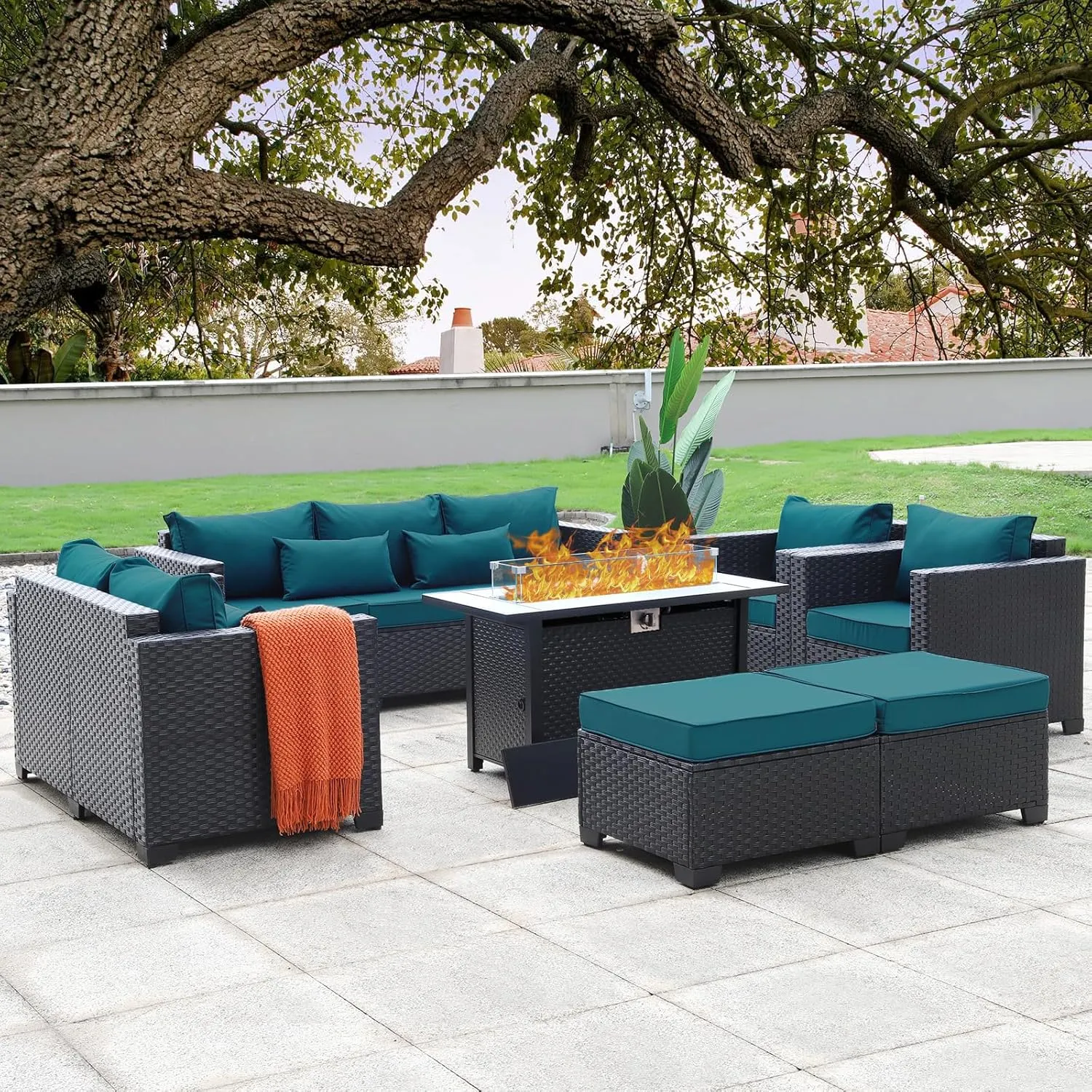 Patio Furniture Set 45-Inch Outdoor Fire Pits 7 PCS Outdoor Furniture Sets Patio Couch Outdoor Chairs 60000BTU Outdoor Propane Fire Pit Table No-Slip Cushions and Waterproof Covers, Peacock Blue