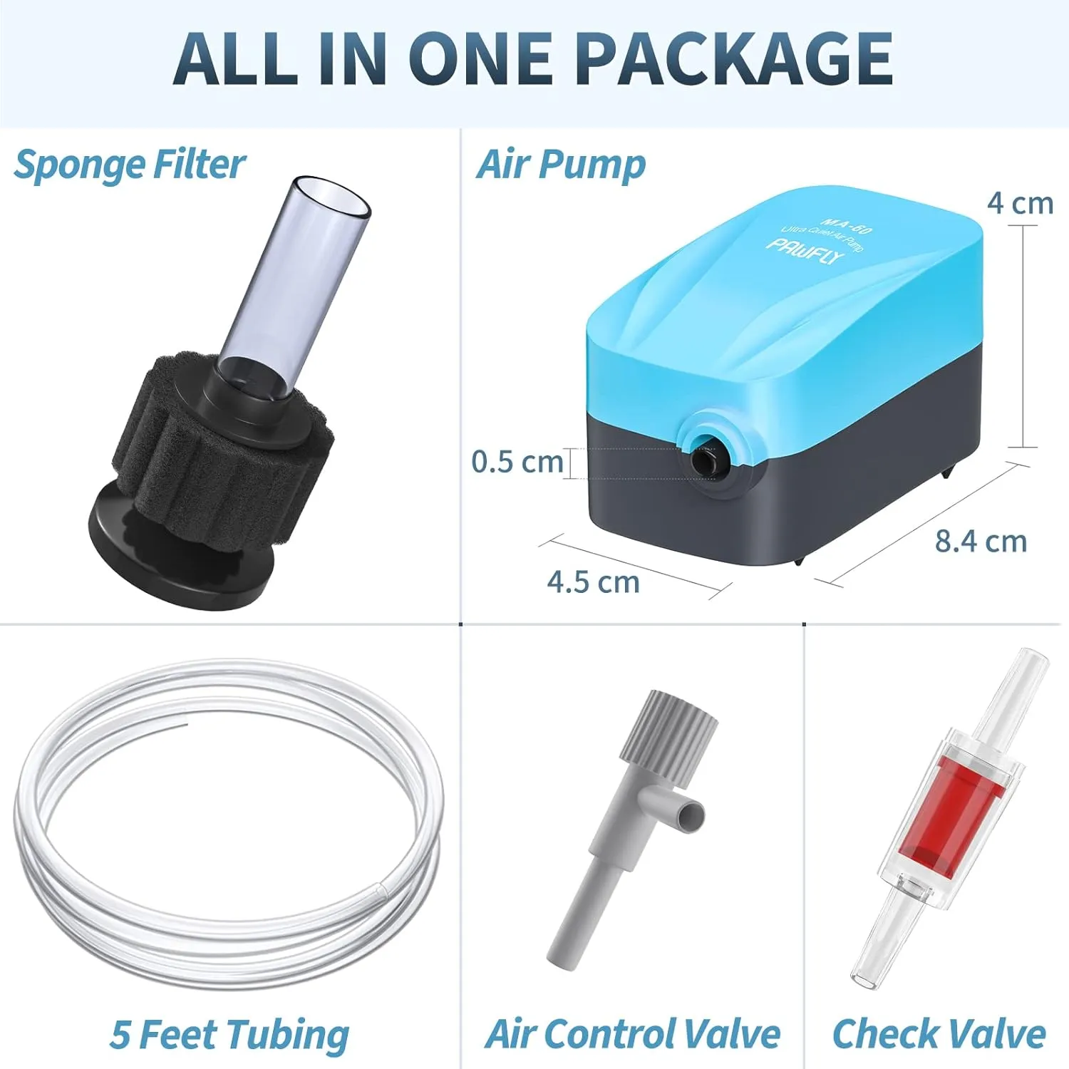 Pawfly Aquarium Air Pump with Nano Bio Sponge Filter Kit Air Control Valve Airline Tubing and Check Valve Accessories