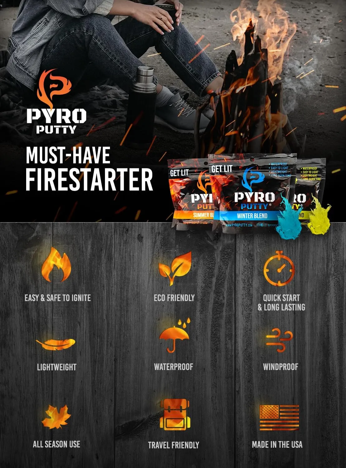 Phone Skope Pyro Putty: Single Use Waterproof Survival Fire Starter, 20 or 50 ct Foil Packs, Easy Tear, Easy Ignite, Fire Starters for Campfires