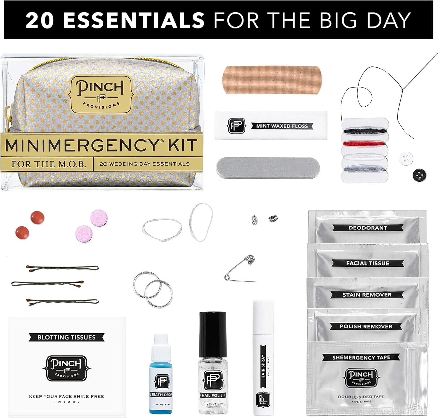 Pinch Provisions Minimergency Kit for M.O.B, Includes 20 Must-Have Emergency Essential Items for The Big Day, Compact, Multi-Functional Zipper Pouch, Perfect Survival Kit for Mother of Bride
