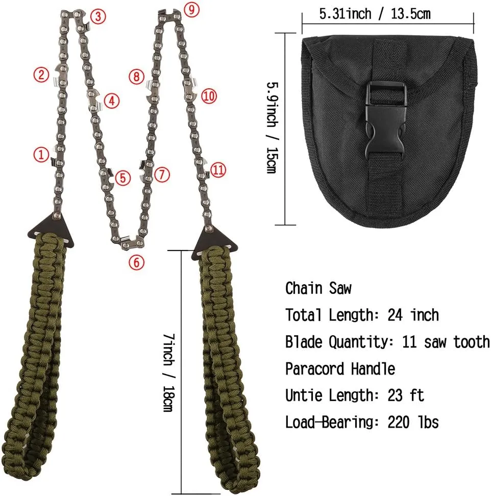 Pocket Chainsaw with Paracord Handle 24 Inches 11 Teeth Folding Chain Hand Saw Fast Wood & Tree Cutting Emergency Survival Gear Best for Camping Backpacking Hiking Hunting